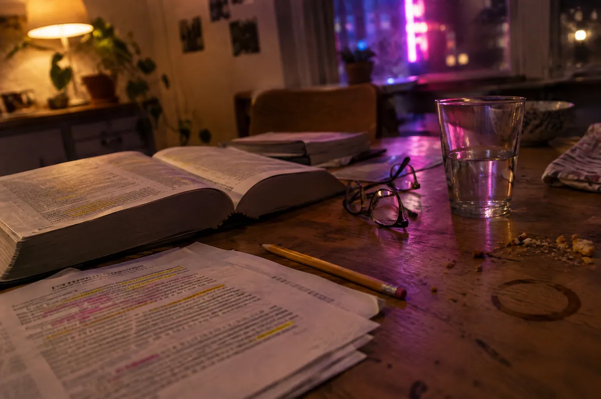 Aufgeschlagenes Gesetzbuch und Kopien mit Markierungen auf einem Holztisch am Abend, daneben Brille, Bleistift und Wasserglas