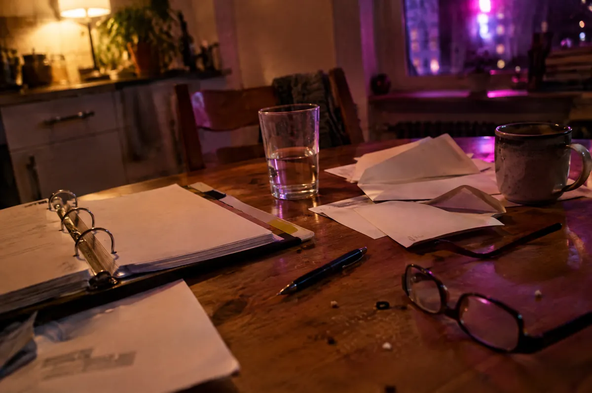 Küchentisch am Abend mit offenem Ringordner, losen Blättern, Briefumschlägen, Kugelschreiber, Lesebrille, Wasserglas und Becher