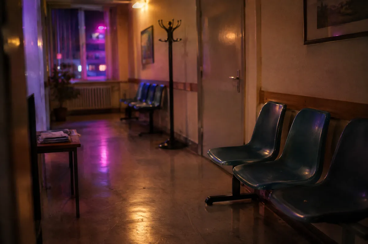 Leerer Flur einer Arztpraxis am Abend mit Wartestühlen, Garderobe und einem kleinen Tisch mit Zeitschriften, durchs Fenster violettes Stadtlicht