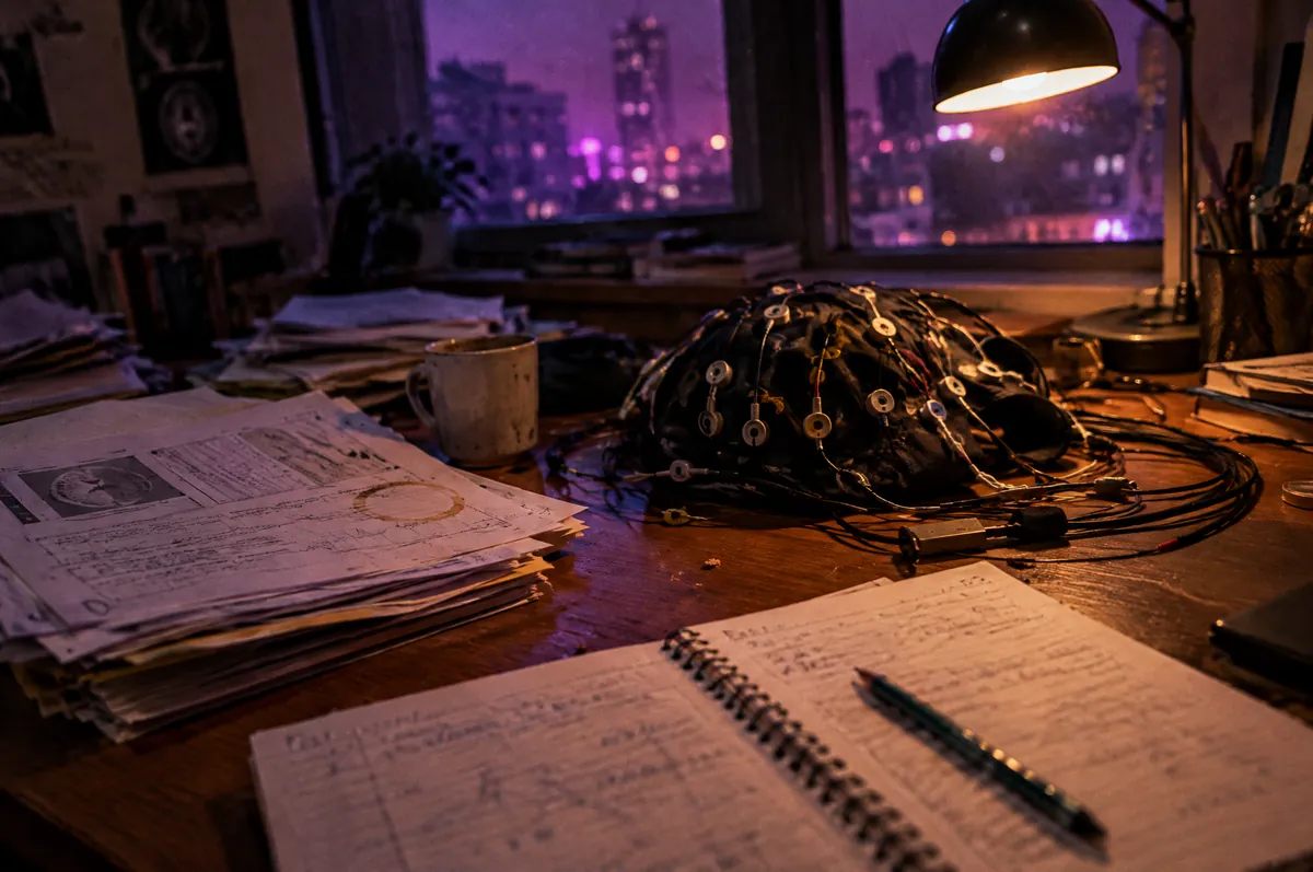 Schreibtisch am Abend mit Stapeln ausgedruckter Studien, aufgeschlagenem Notizbuch und einer EEG-Elektrodenhaube mit Kabeln, im Fenster violettes Stadtlicht