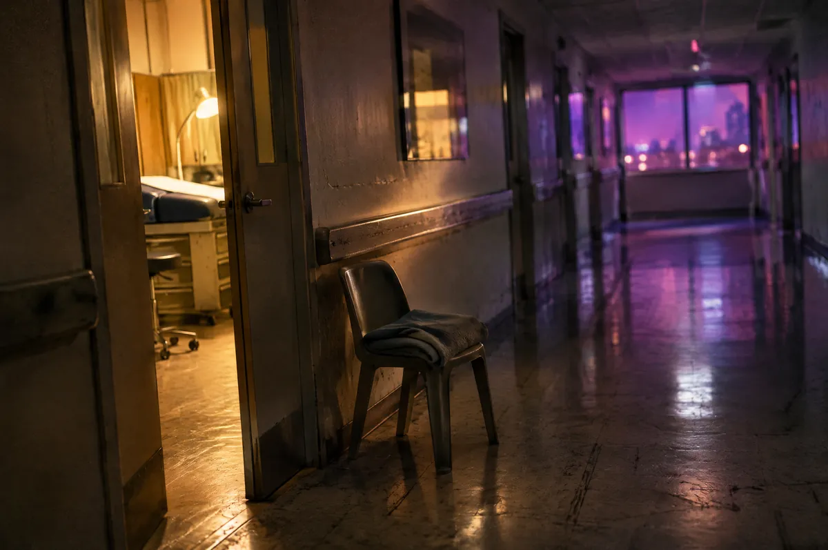 Leerer Klinikflur bei Nacht mit abgenutztem Boden, einem Stuhl mit gefalteter Decke und einer halb geöffneten Tür zu einem Untersuchungsraum