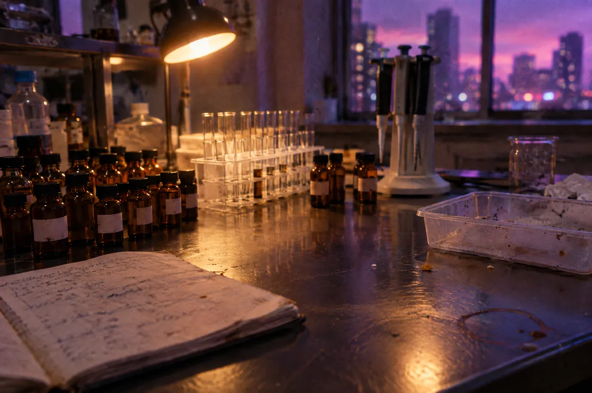 Labortisch am Abend mit braunen Probenfläschchen, Reagenzglasständer, Pipetten, einer Schale und einem aufgeschlagenen Notizbuch, durchs Fenster violettes Stadtlicht