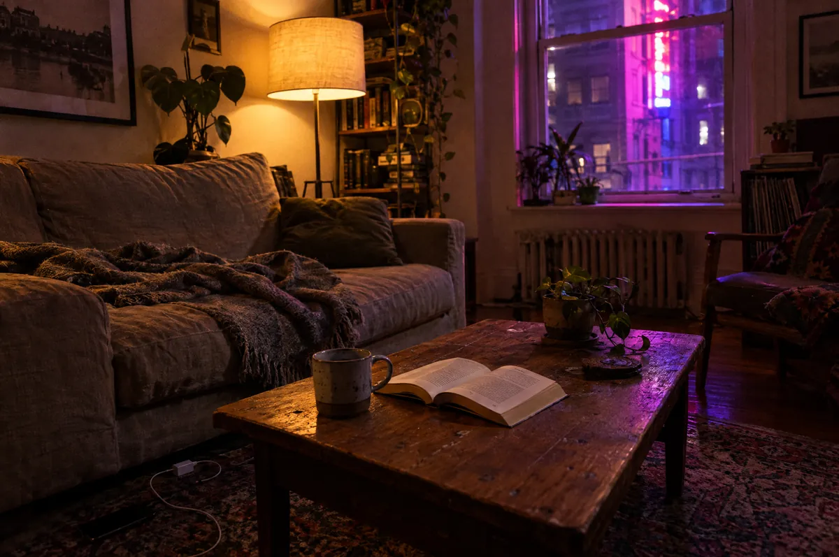 Wohnzimmer am Abend: Stehleuchte, Sofa mit Wolldecke, Holztisch mit Becher und Buch, durchs Fenster violettes Licht der Stadt