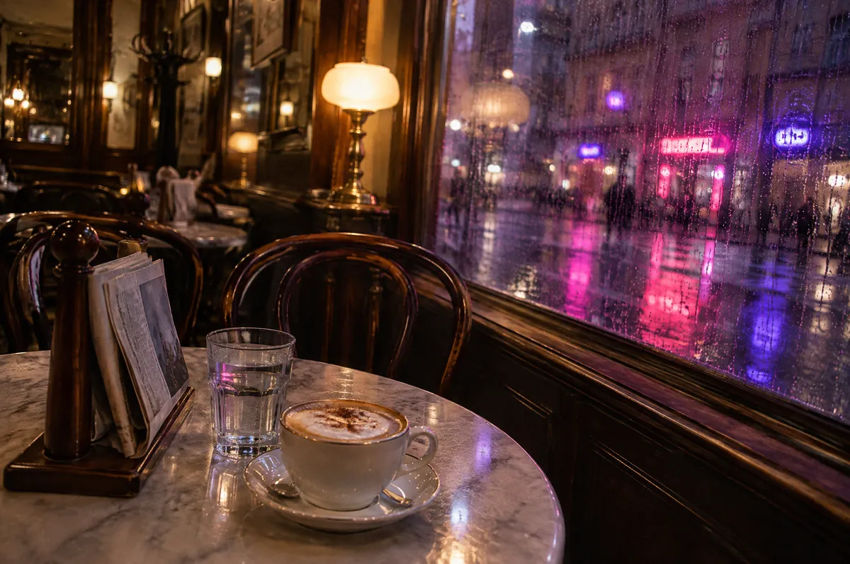 Marmortisch im Kaffeehaus mit Melange, Wasserglas und Zeitung im Halter, draußen regennasse Straße mit Leuchtreklamen