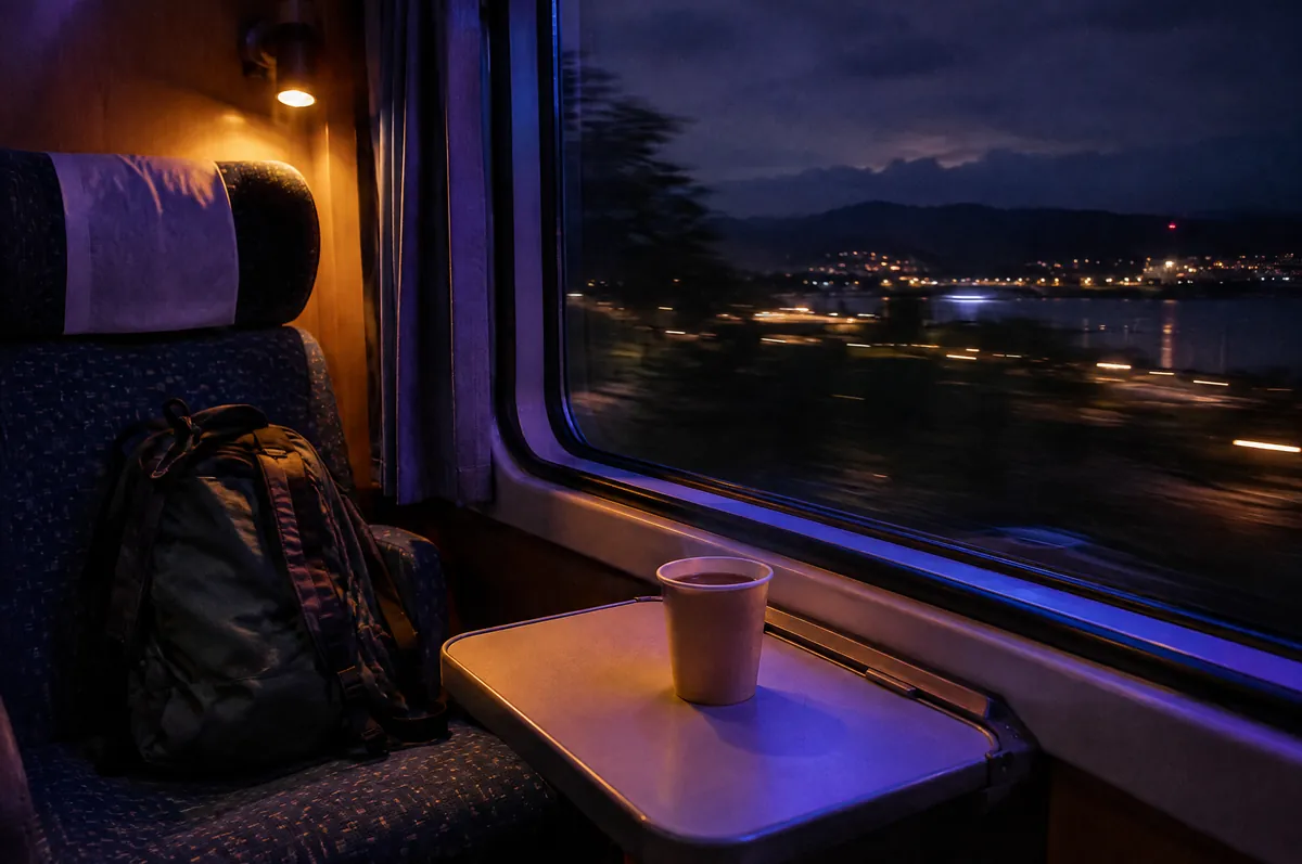 Fensterplatz im Nachtzug mit Teebecher auf dem Klapptisch und Rucksack, draußen Lichter einer Stadt am Wasser