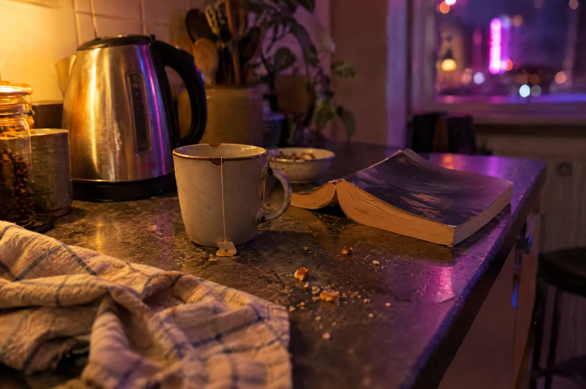 Küchenarbeitsplatte am späten Abend mit Wasserkocher, Teebecher und einem aufgeschlagenen Taschenbuch