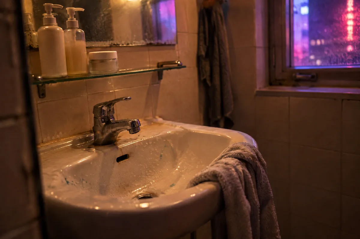 Kleines Badezimmer am Abend: Waschbecken mit Wassertropfen, ein Handtuch über dem Rand, zwei Pumpflaschen und ein Cremetiegel auf einem Glasregal, im Fenster violettes Licht der Stadt