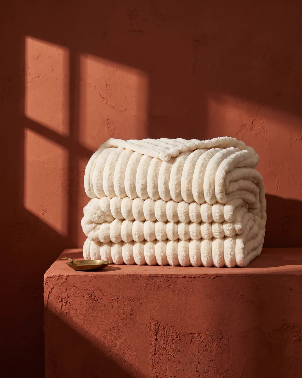 Milchweiße Kuscheldecke mit Rippenstruktur auf einem hellen Sofa